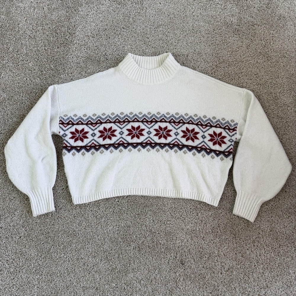 Hollister Sweater Womens Small White Mock Neck Fair Isle Christmas Knit Pullover